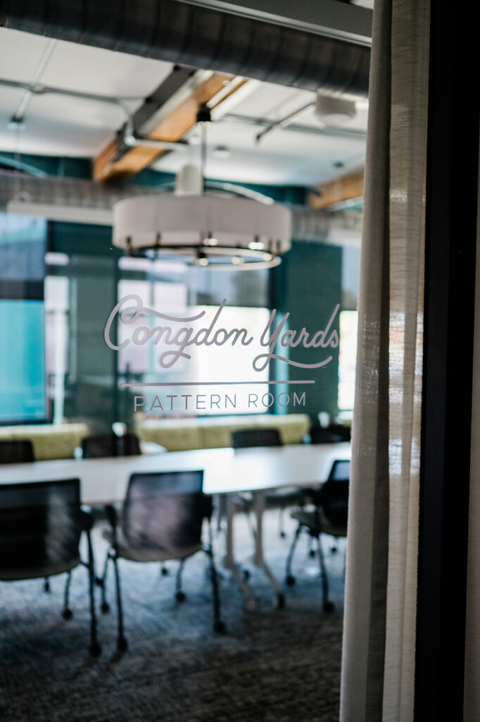 Congdon Yards 3rd Floor Pattern Room signage on glass door of meeting room