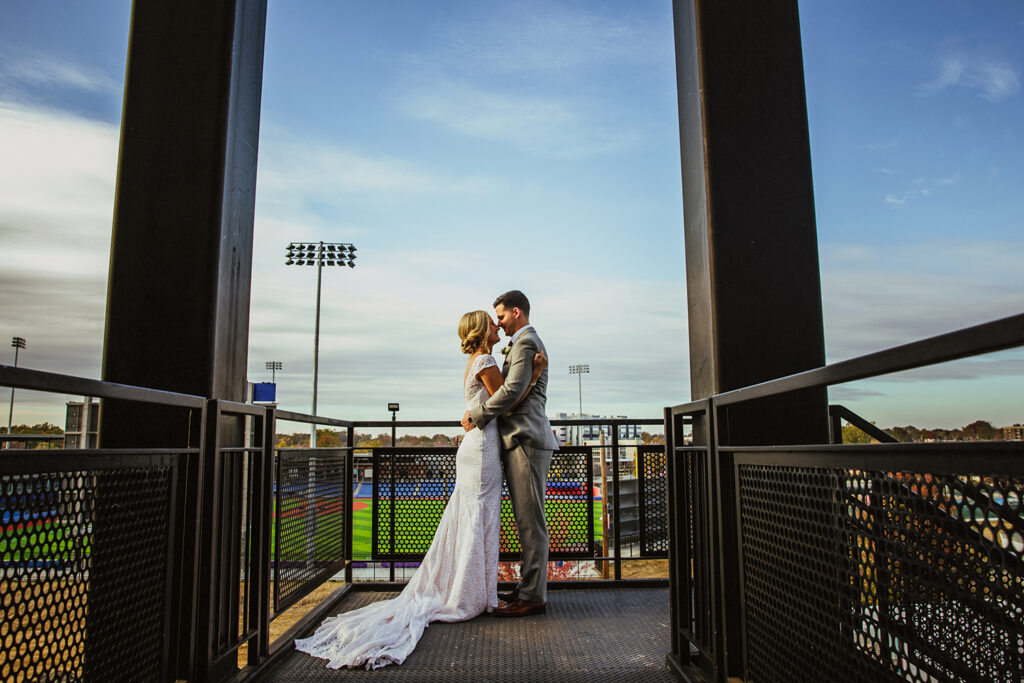 Congdon Yards Outside wedding couple overlooking stadium