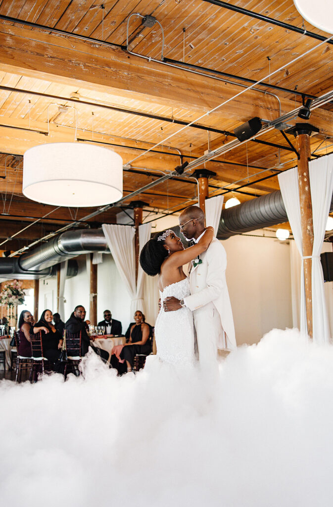 Congdon Yards Pine Room at the Loft Couple Dancing with fog machine