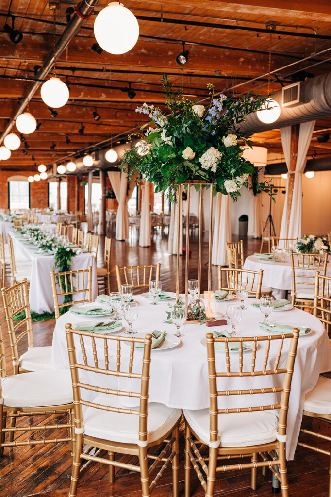 Congdon Yards Pine Room at the Loft banquet table with tall centerpiece