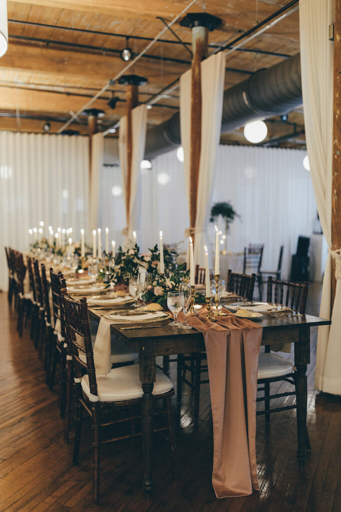 Congdon Yards Pine Room at the Loft classic wedding reception centerpiece with candlesticks