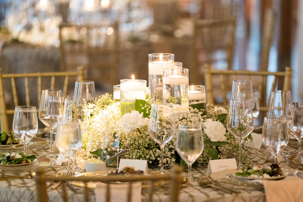 Congdon Yards Pine Room at the Loft closeup of table centerpiece with candles