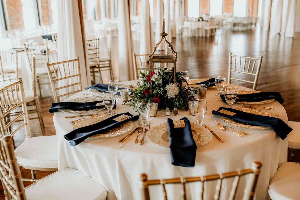 Congdon Yards Pine Room at the Loft closeup on banquet table with lantern centerpiece