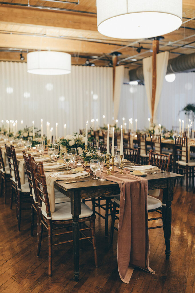 Congdon Yards Pine Room at the Loft long tables with traditional centerpieces