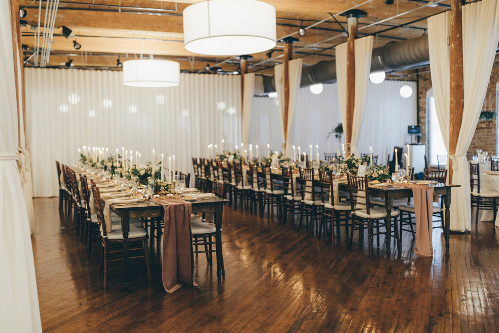 Congdon Yards Pine Room at the Loft long tables with velvet runners