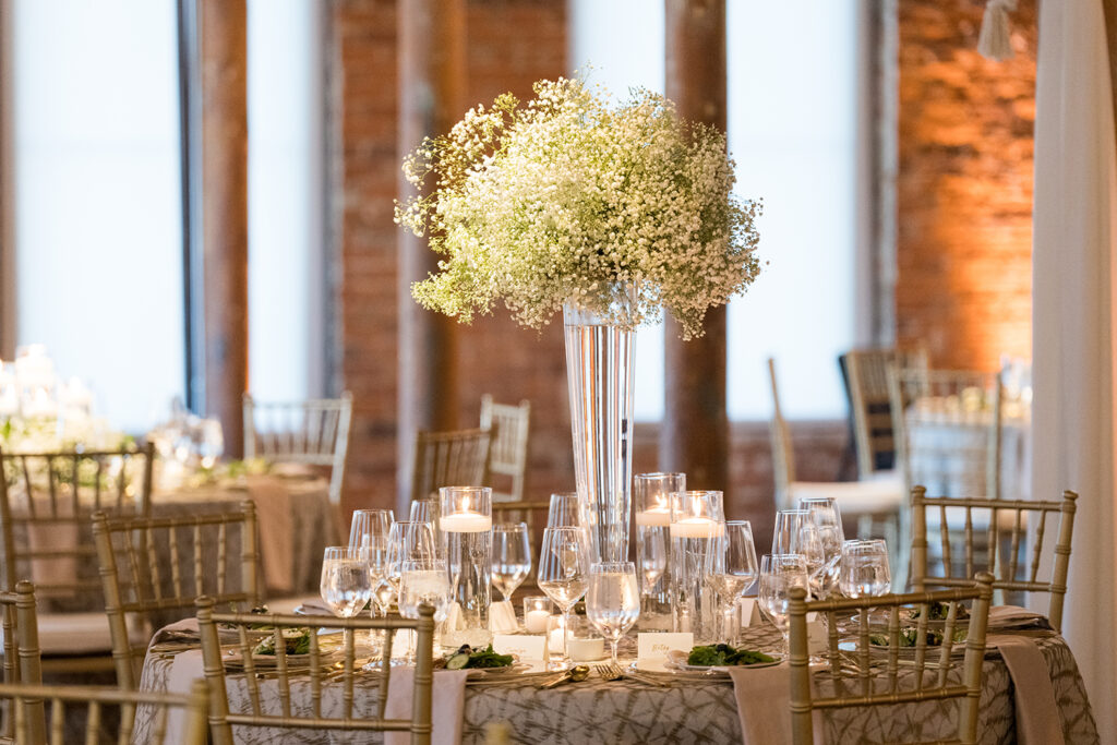 Congdon Yards Pine Room at the Loft tall wedding centerpiece