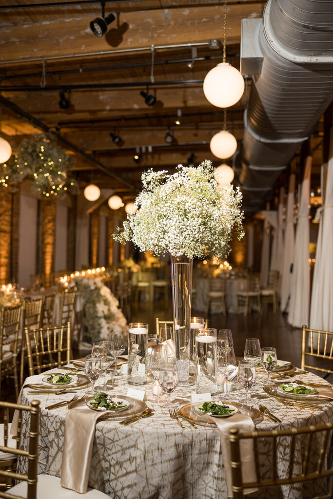 Congdon Yards Pine Room at the Loft wedding reception banquet table with texture