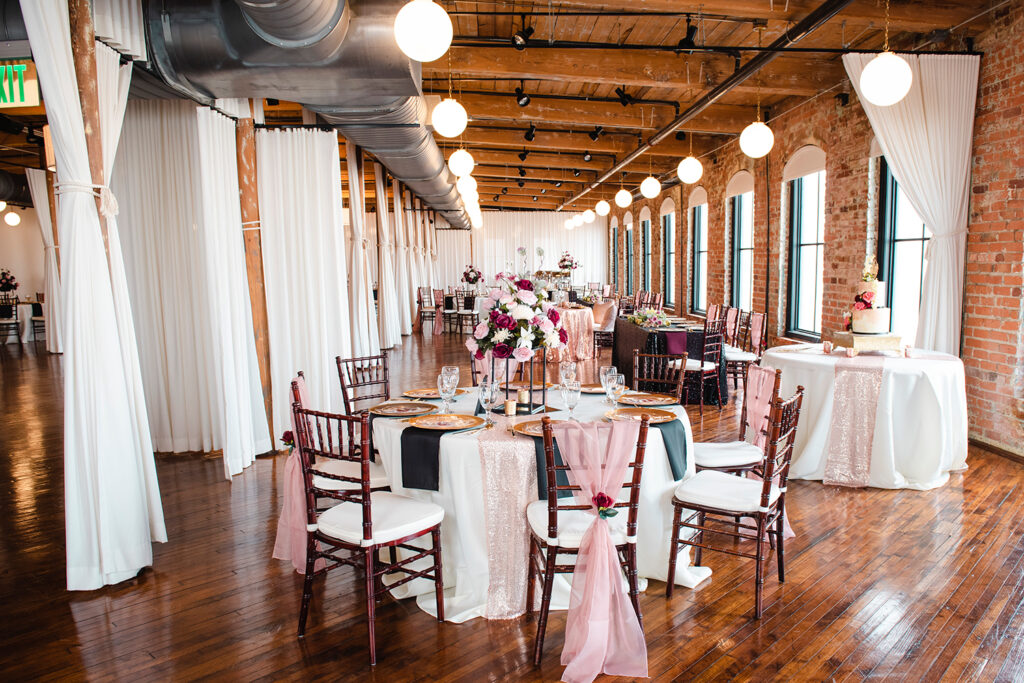 Congdon Yards Pine Room at the Loft wedding reception tables with sparkle