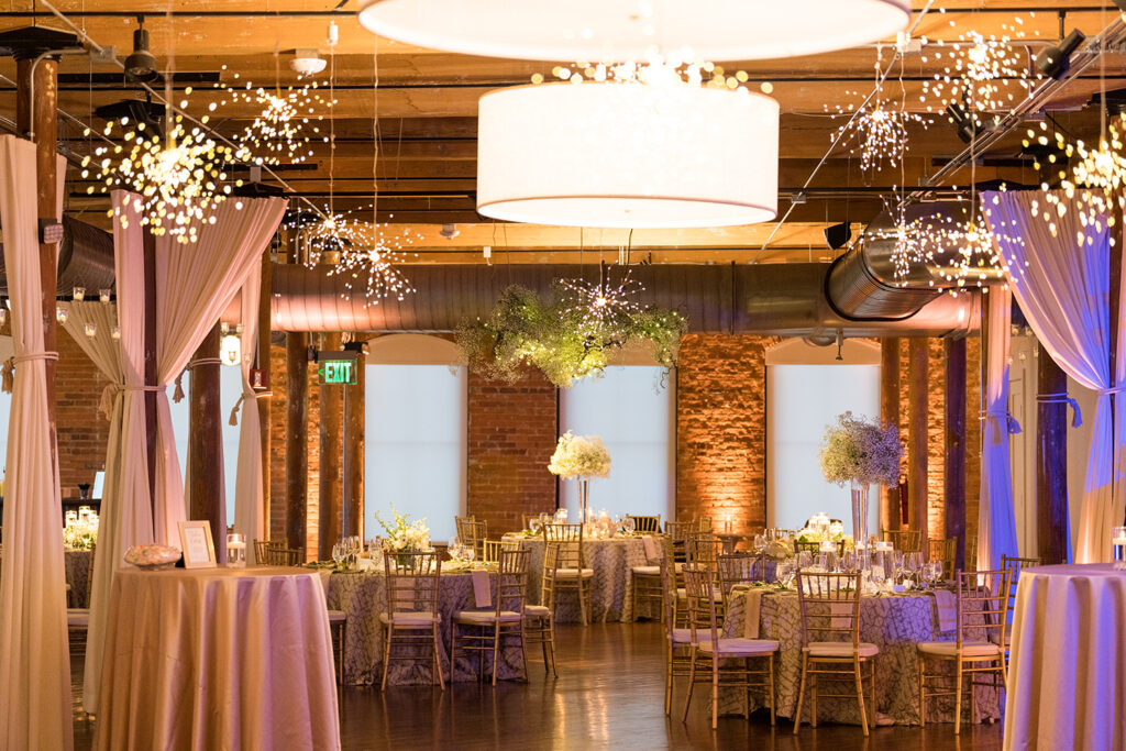 Congdon Yards Pine Room at the Loft wedding reception uplighting and hanging lights