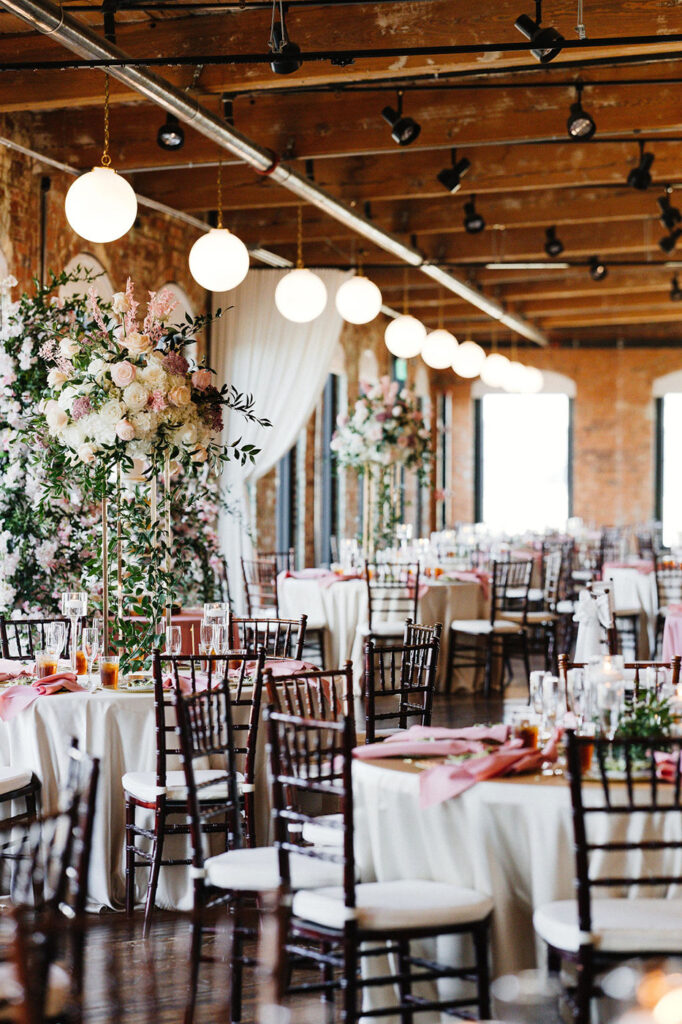 Congdon Yards Pine Room at the Loft wedding reception with pink florals