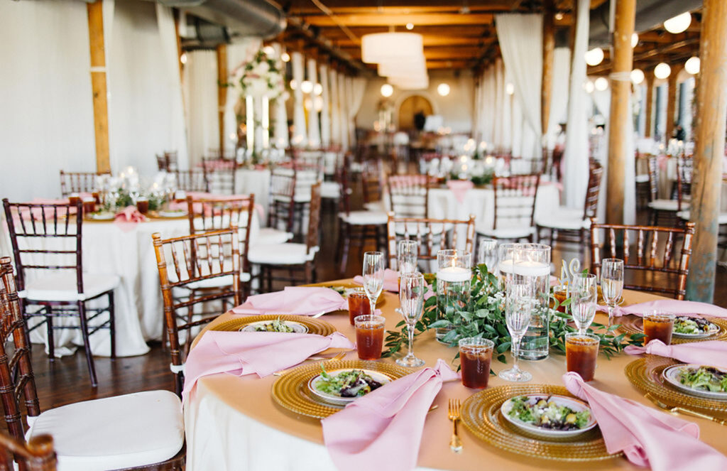 Congdon Yards Pine Room at the Loft with Banquet tables close up