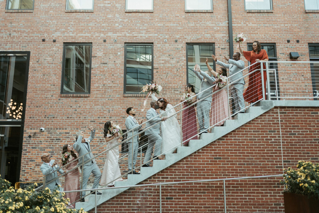 congdon yards courtyard bridal party celebrating