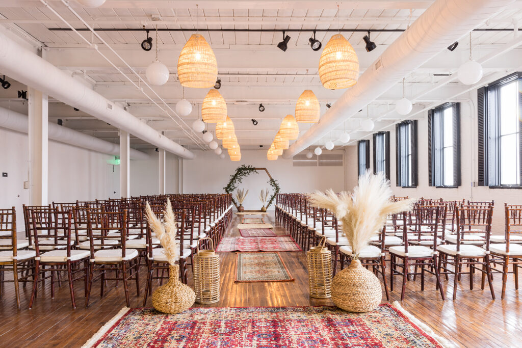 congdon yards silk room at the loft boho wedding ceremony