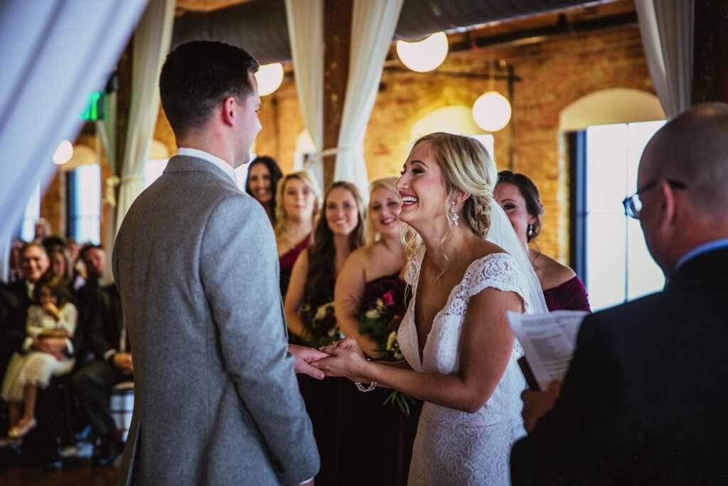 congdon yards the factory bride and groom exchange vows