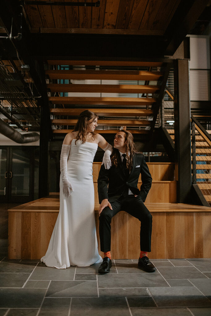 congdon yards the factory bride and groom gaze at each other